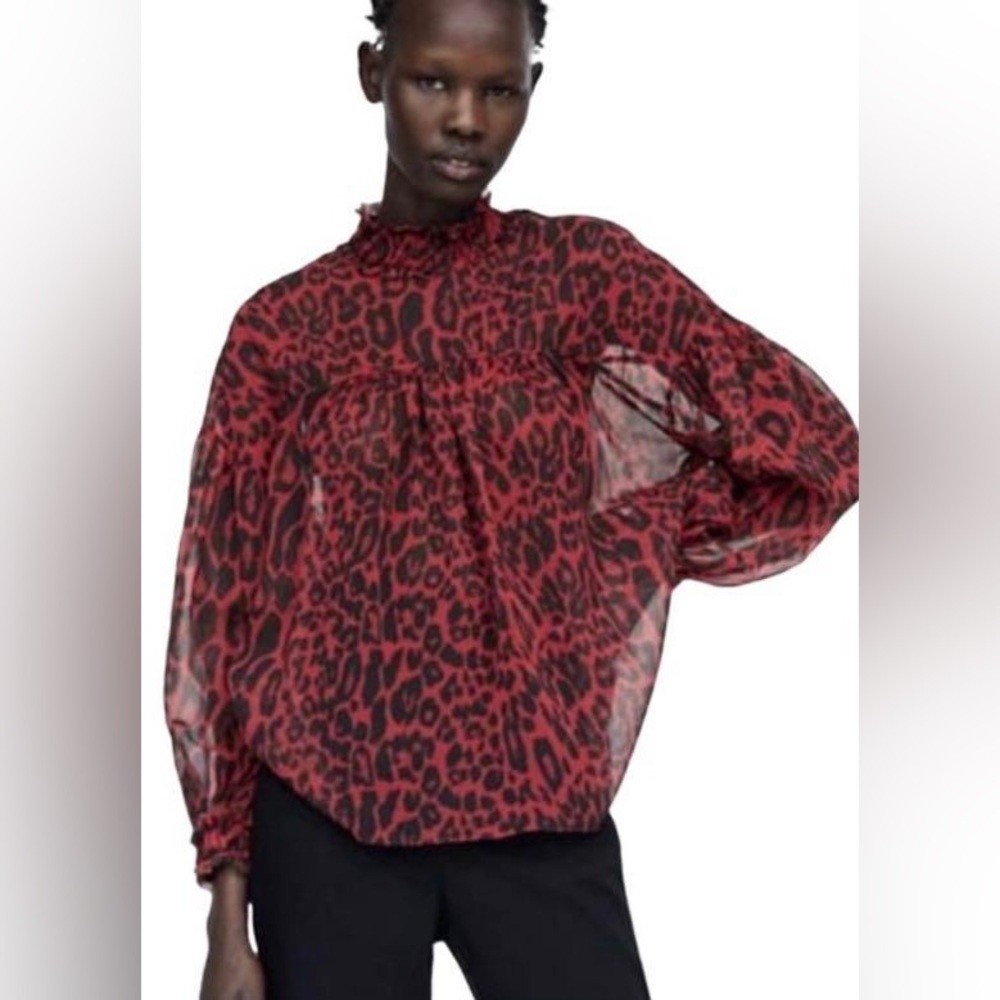 NWT - ZARA Red Leopard Animal Print Sheer Blouse Long Sleeve Top